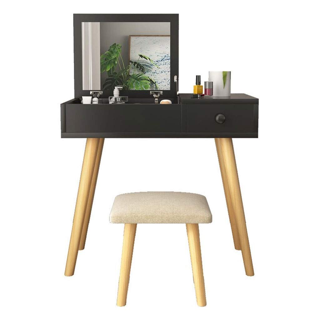 TOMYEUS Small Vanity Table with Flip Mirror & Makeup Stool - Compact Dressing Table for Small Spaces, Apartment Bedroom Furniture (Color B) - Perfect for Makeup Application & Jewelry Organization in Tight Spaces