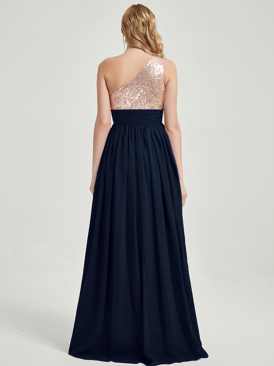 Elegant Dark Navy One Shoulder Sleeveless Chiffon Sequin Maxi Bridesmaid Dress for Weddings, Prom & Formal Events | Plus Size Options Available