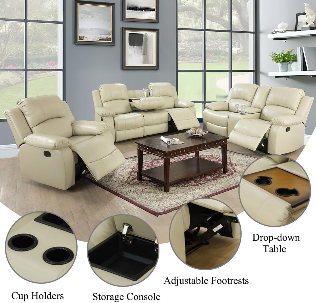 Premium Bonded Leather Reclining Sofa Set - 3-Piece Living Room Furniture with Loveseat (Beige) | Comfortable & Stylish for Home Theater, Family Gatherings & Relaxation