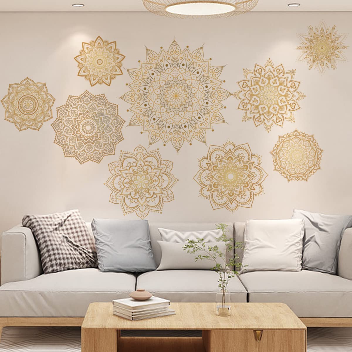 Gold Mandala Wall Decals - Boho Hippie Vinyl Stickers for Home Decor, Indian Namaste Flower Stickers for Bedroom, Living Room & Yoga Studio - Perfect for Meditation Spaces and Bohemian Interior Design