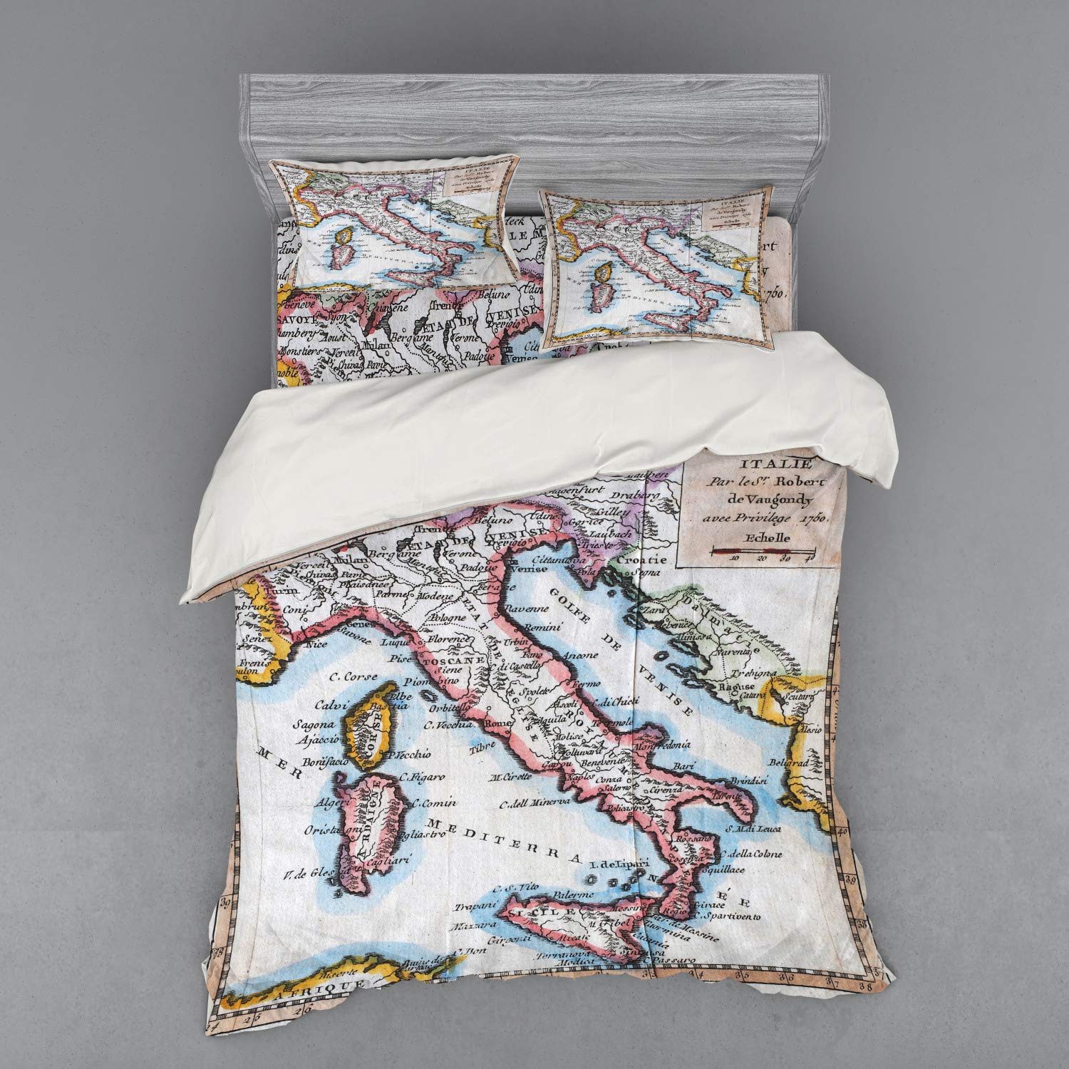 Vintage Italy Map Print 3-Piece Queen Bedding Set - Ambesonne Duvet Cover, Sham & Fitted Sheet with Retro Travel Lettering | Perfect for Travel-Themed Bedrooms, Guest Rooms & Map Lovers Decor