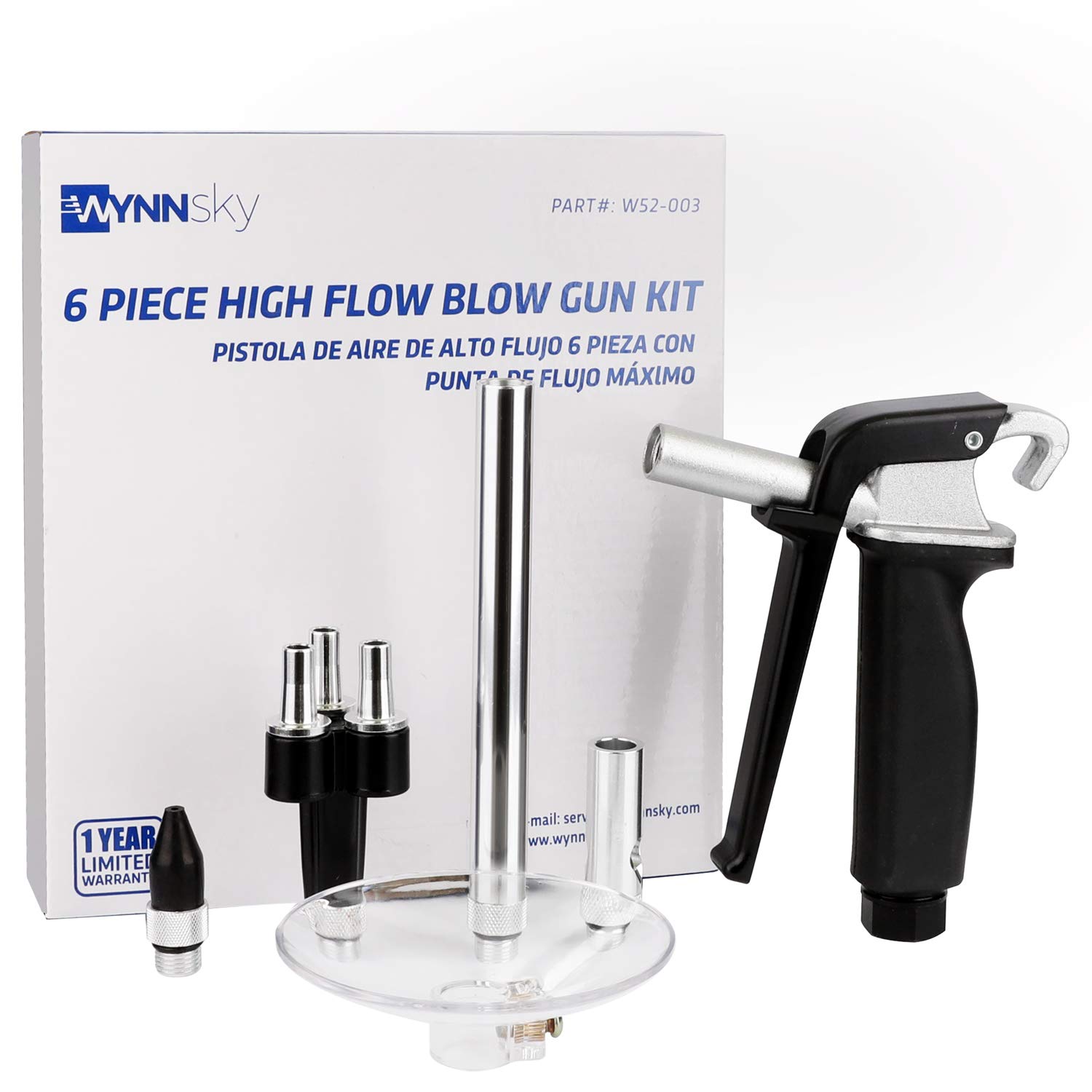 WYNNsky High Flow Air Blow Gun Kit with Rubber Tip, Tri-Thrust Tip & Xtreme-Flo Nozzle - 6 Inch Extension & Chip Guard - 6-Piece Air Compressor Accessories Set for Automotive Cleaning, Woodworking & Industrial Applications
