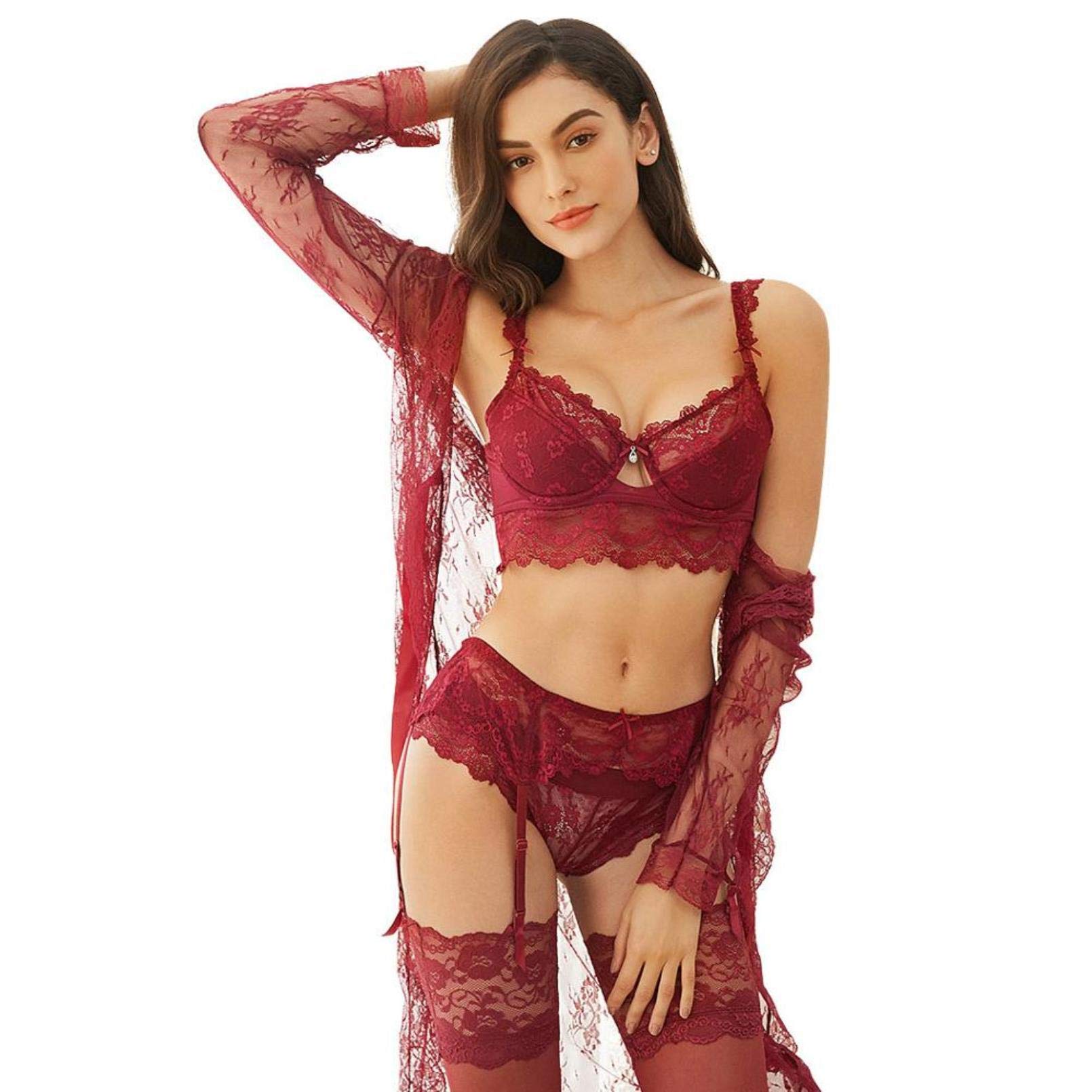 Lace Underwear Set for Women - 7 Piece Lingerie with Robe, Bra, Panties, Stockings, Y-Straps & Thong | Elegant & Comfortable for Date Night, Bridal Shower, or Special Occasions