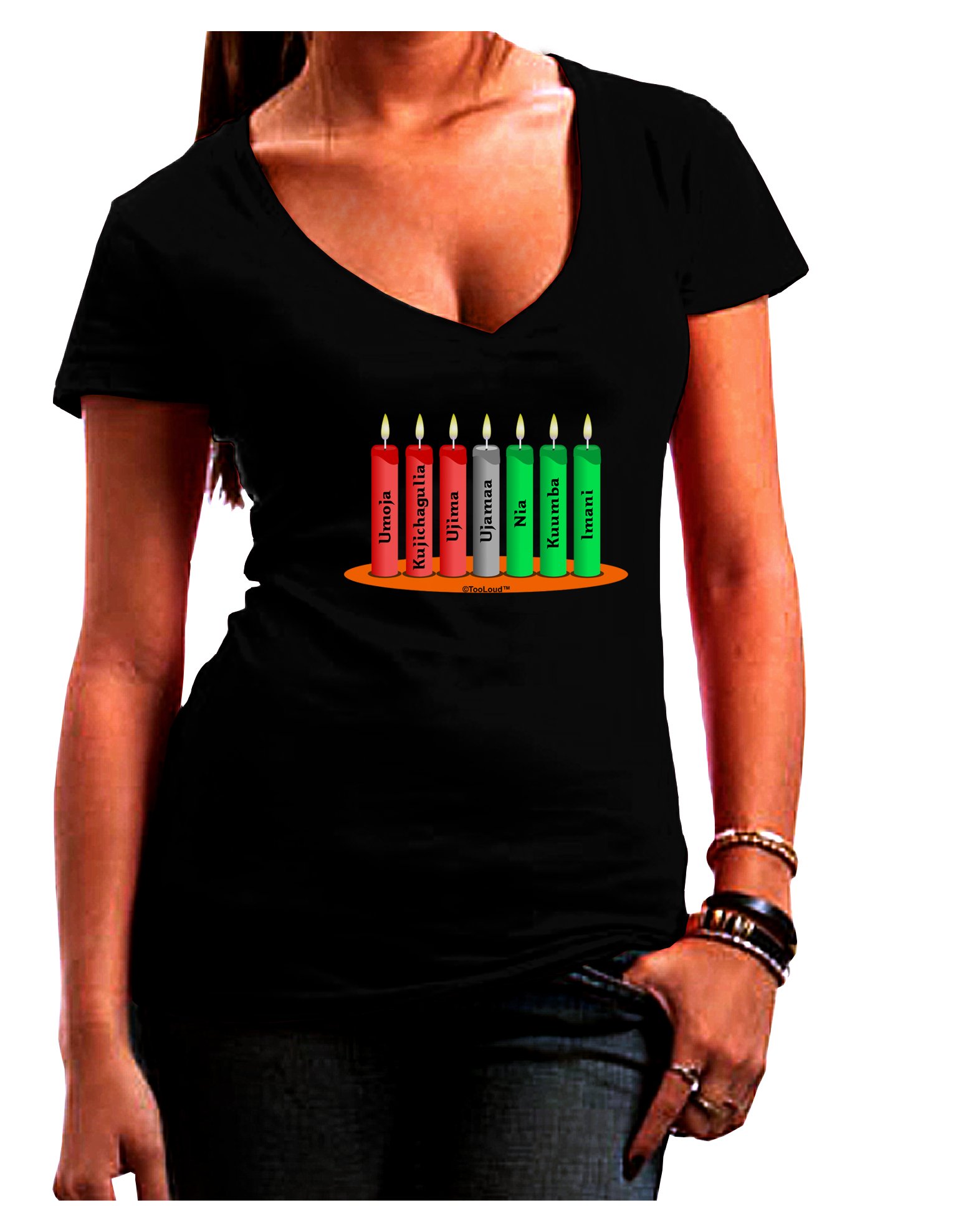 TOOLOUD Kwanzaa Candles 7 Principles Juniors Petite V-Neck Dark T-Shirt | African American Heritage Apparel for Holidays & Cultural Celebrations