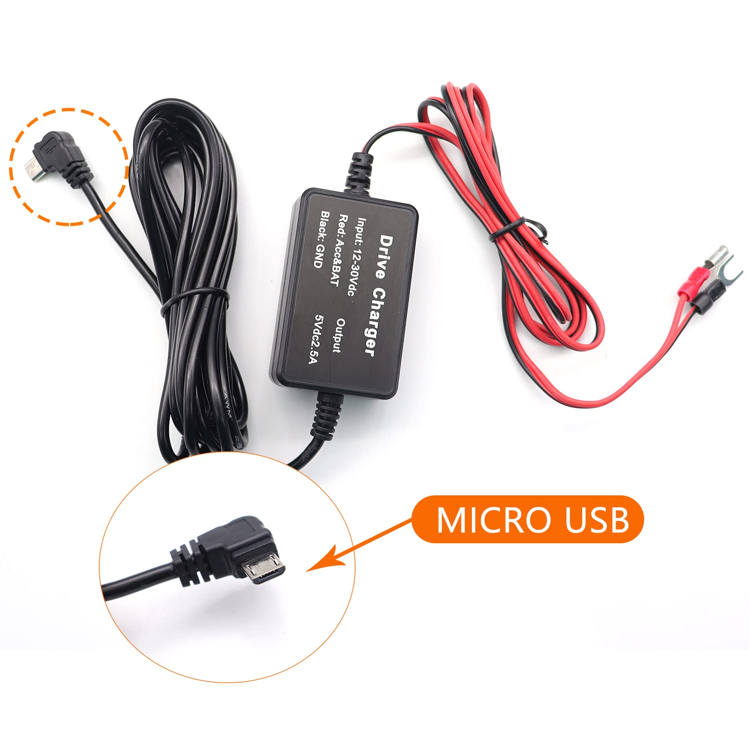 Dash Cam Hardwire Kit 12V-24V to 5V with Fuse Tap - for Car Camera Power Installation