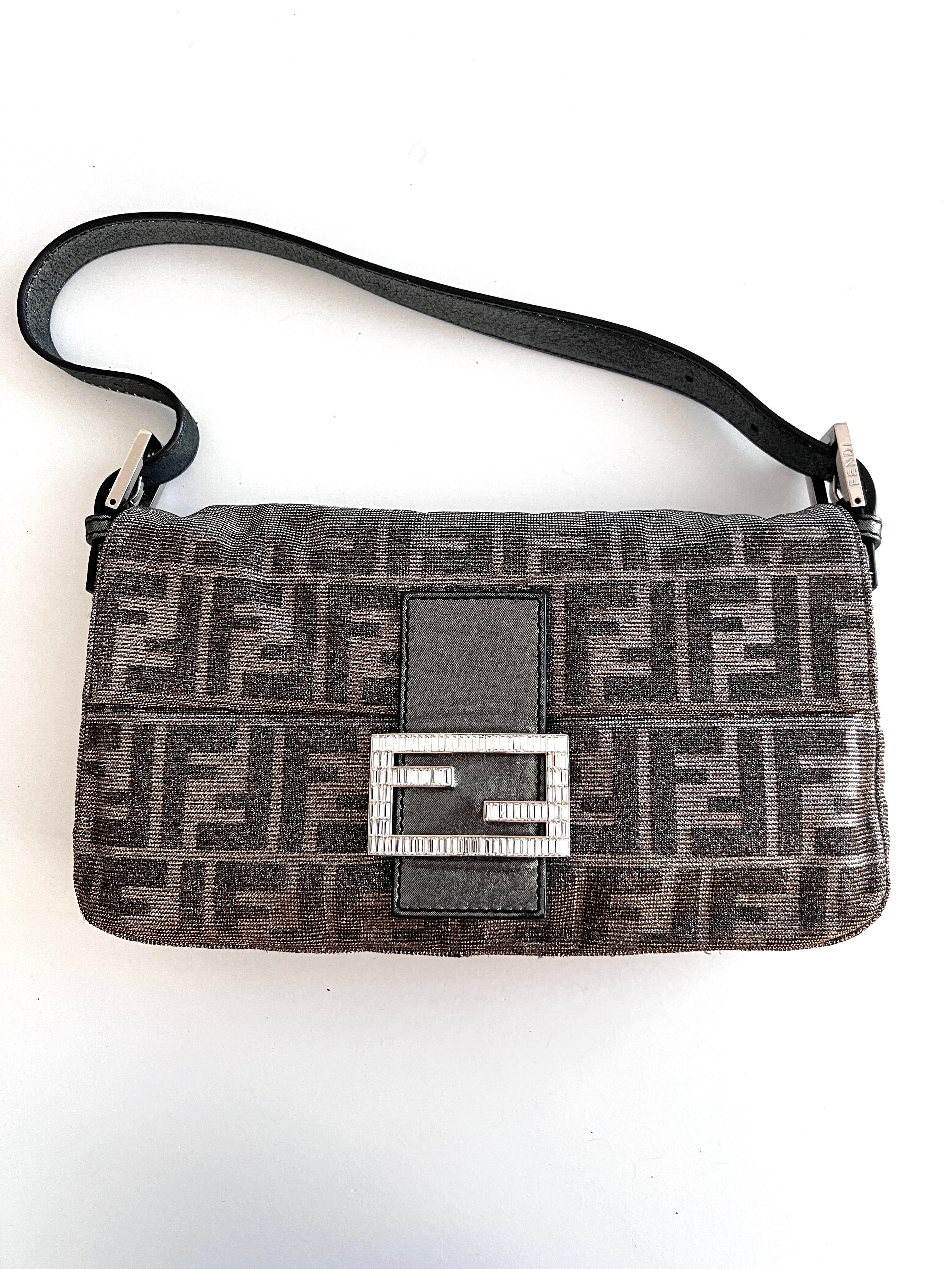 Fendi Silver Shimmering Zucca Baguette Bag - Luxury Designer Crossbody Purse for Women | Perfect for Evening Parties, Date Nights & Special Occasions