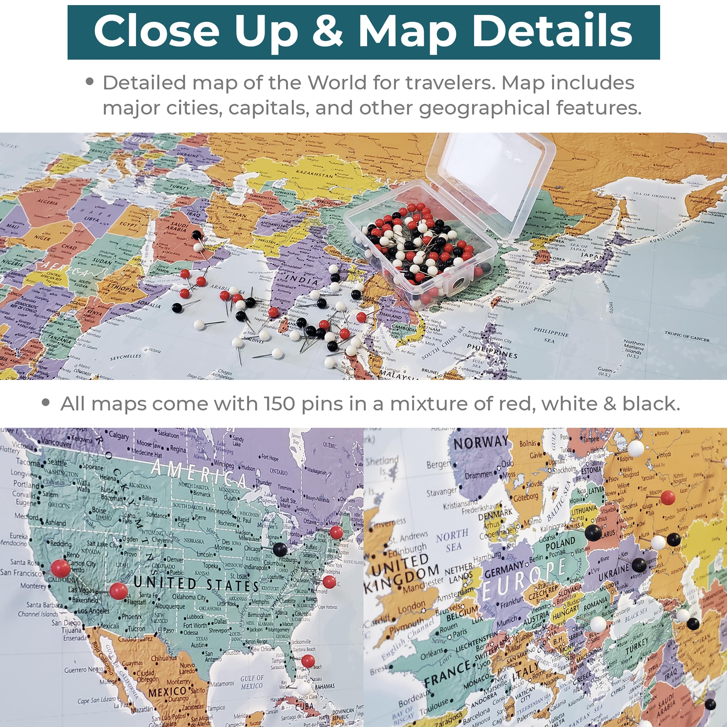 Personalized Blue Oceans World Push Pin Travel Map with Solid Wood Brown Frame - Perfect for Travel Enthusiasts, Home Decor & Office Wall Art