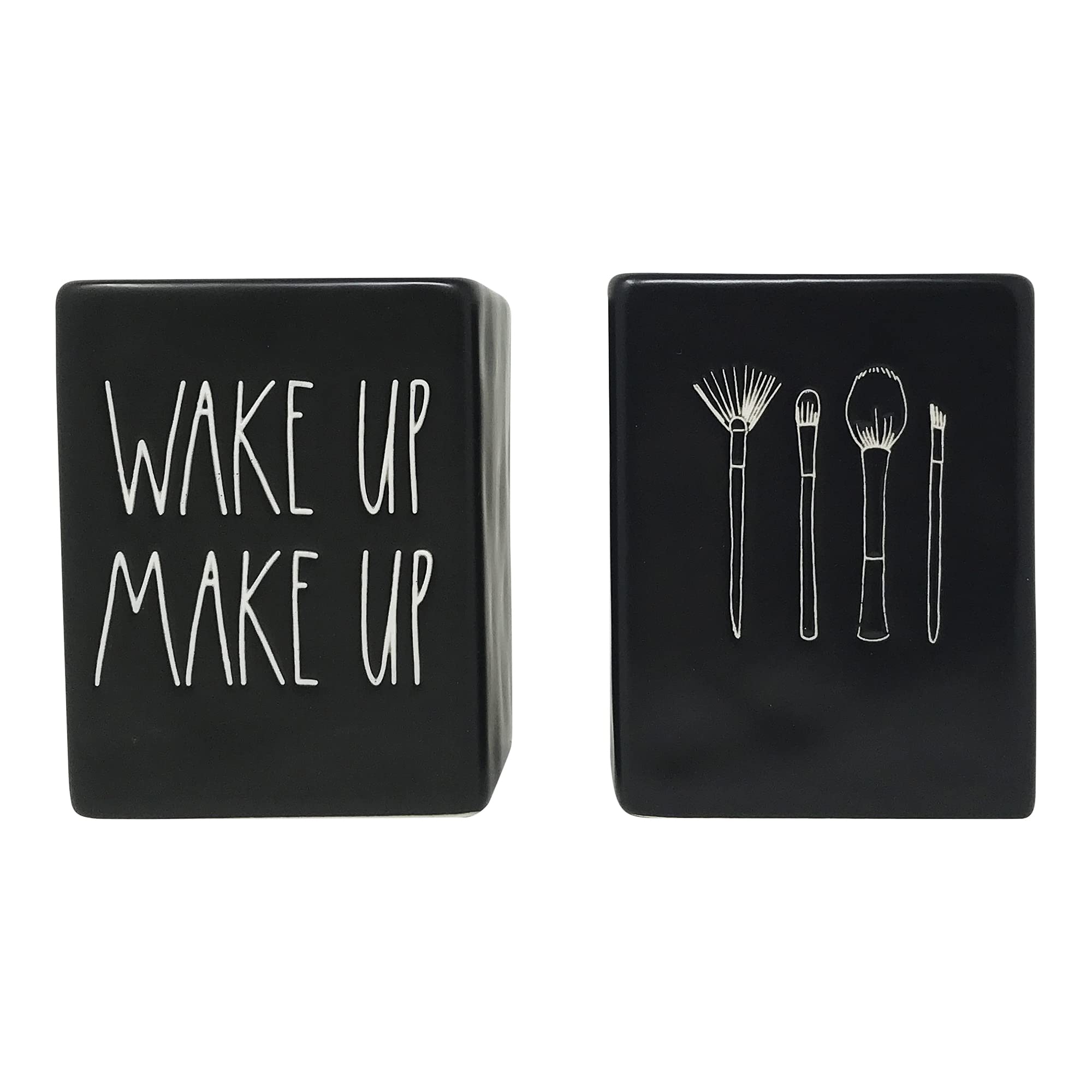 Rae Dunn Ceramic Brush Holder Set of 2 - Make Up Wake Up Black - Perfect for Bathroom Vanity & Makeup Organization