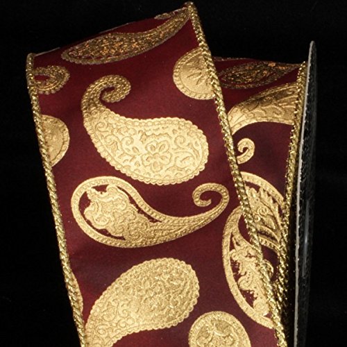 Metallic Burgundy Red & Gold Paisley Print Wired Craft Ribbon - 3 Inch x 20 Yards for Gift Wrapping, DIY Crafts, Wedding Decorations & Scrapbooking