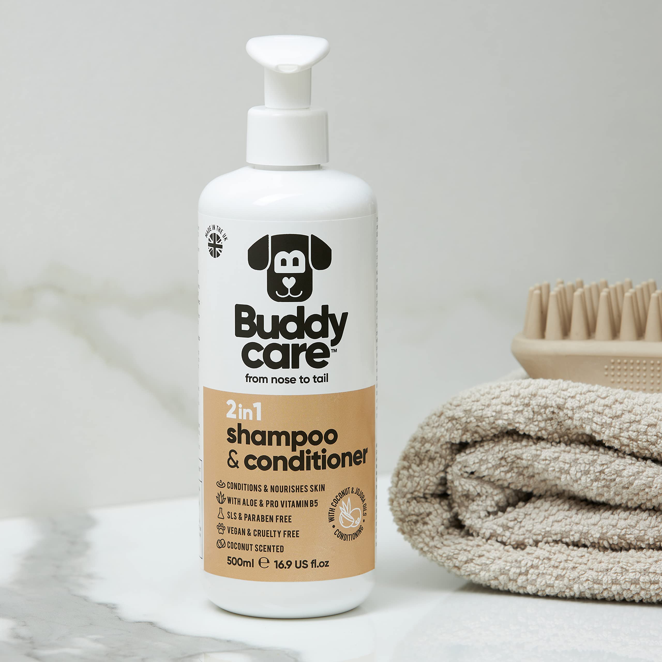 **Buddycare 2-in-1 Dog Shampoo & Conditioner with Coconut Scent, Aloe Vera & Pro Vitamin B5 – 500ml for Soft, Healthy Coat – Perfect for Bathing & Grooming at Home**