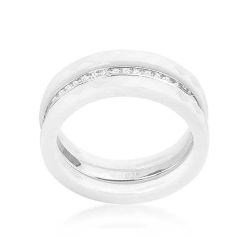 Elegant White Ceramic Triplet Ring with Cubic Zirconia - Size 5 | Dainty Stackable Band for Women, Perfect for Everyday Wear, Anniversary Gifts & Special Occasions
