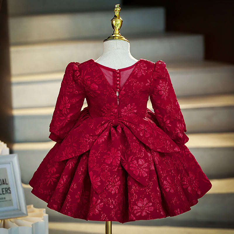 Burgundy Lace Princess Flower Girl Dress with V-Neck & Lantern Sleeves - Perfect for Weddings, Pageants & Special Occasions