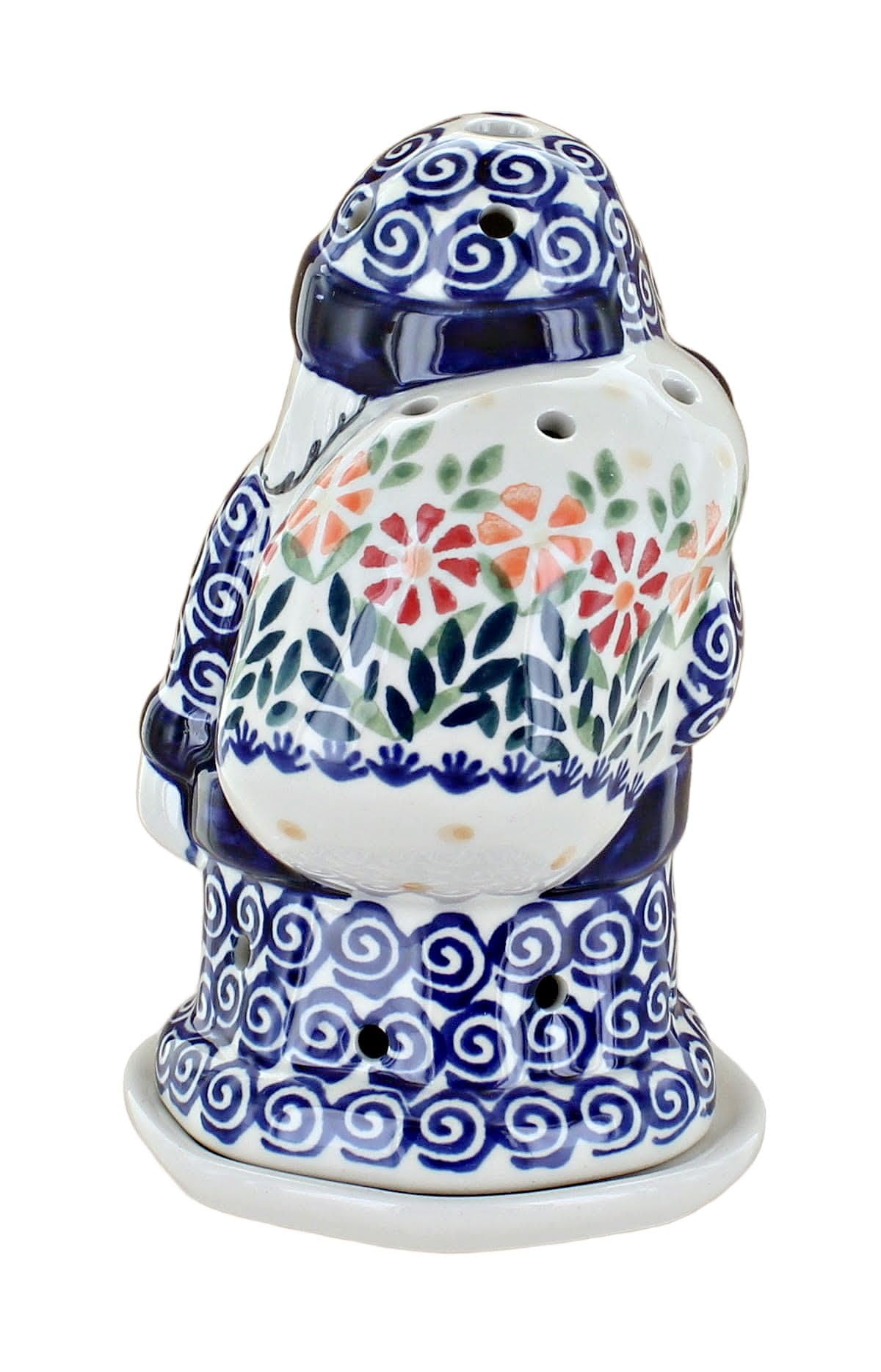 Blue Rose Polish Pottery Garden Bouquet Santa Luminary - Handcrafted Ceramic Christmas Decoration for Home, Holiday Decor & Gift Giving