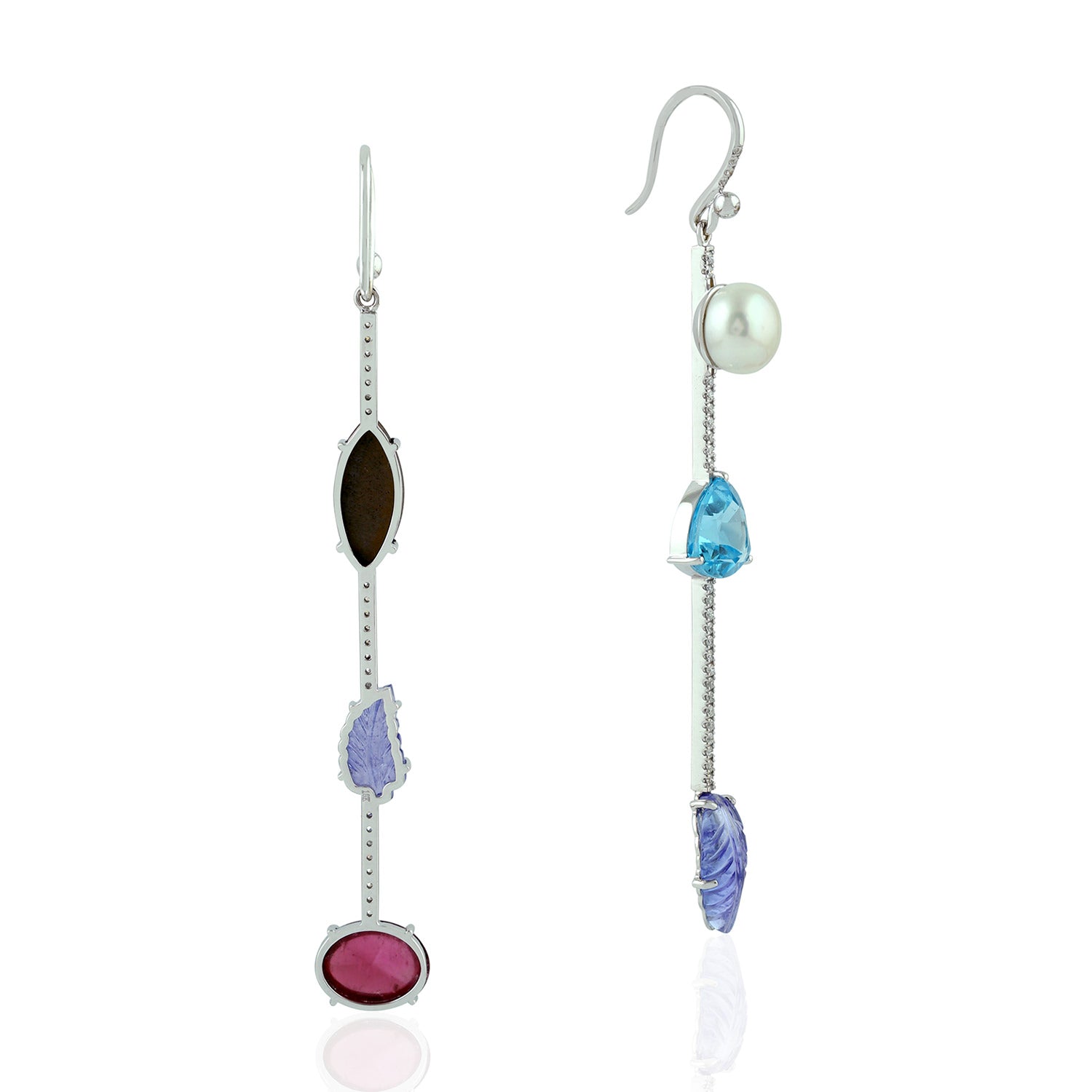 Exquisite Leaf Tanzanite Topaz Tourmaline Opal Pearl Pave Diamond White Gold Hook Earrings - Perfect for Weddings, Parties & Special Occasions