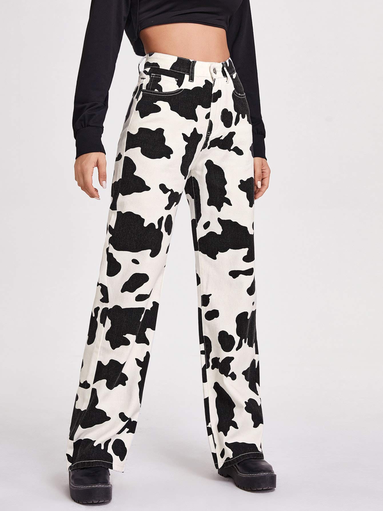 WDIRARA Women's High Waist Cow Print Wide Leg Jeans - Stretchy Denim Pants with Comfortable Fit in Black & White, Size XXS | Perfect for Casual Outfits, Streetwear & Boho Fashion