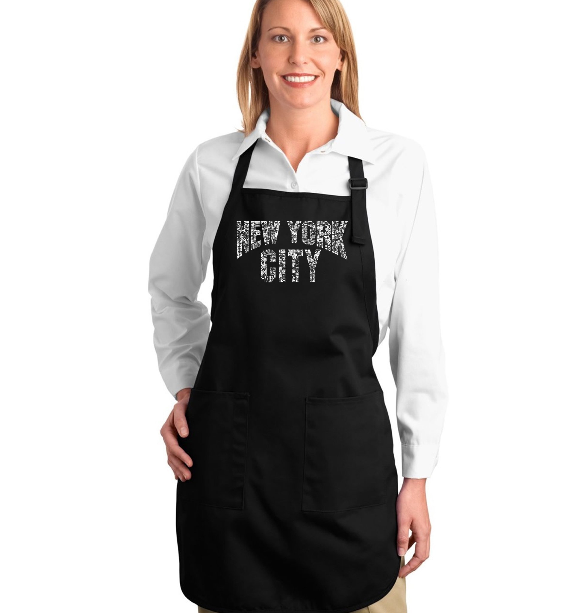 LA POP ART Word Art Apron - NYC Neighborhoods Design | Vintage Style Kitchen Apron for Cooking & Baking | Perfect Gift for Home Chefs & NYC Lovers