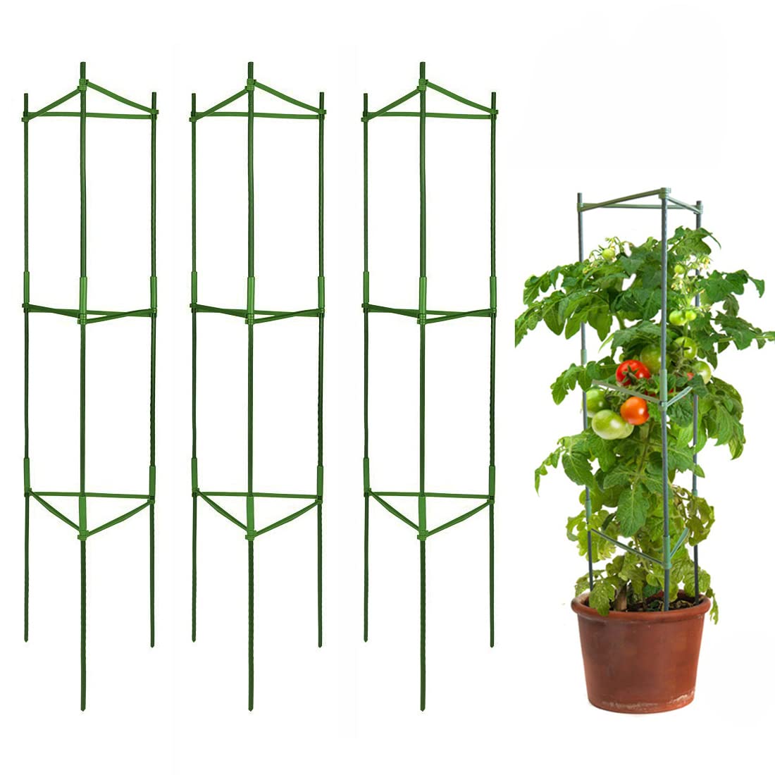 Derlights Adjustable Tomato Cages 3-Pack - Sturdy Plant Supports for Tomatoes, Peppers & Climbing Vegetables with 9 Clips - Ideal for Home Gardens, Raised Beds & Container Planting