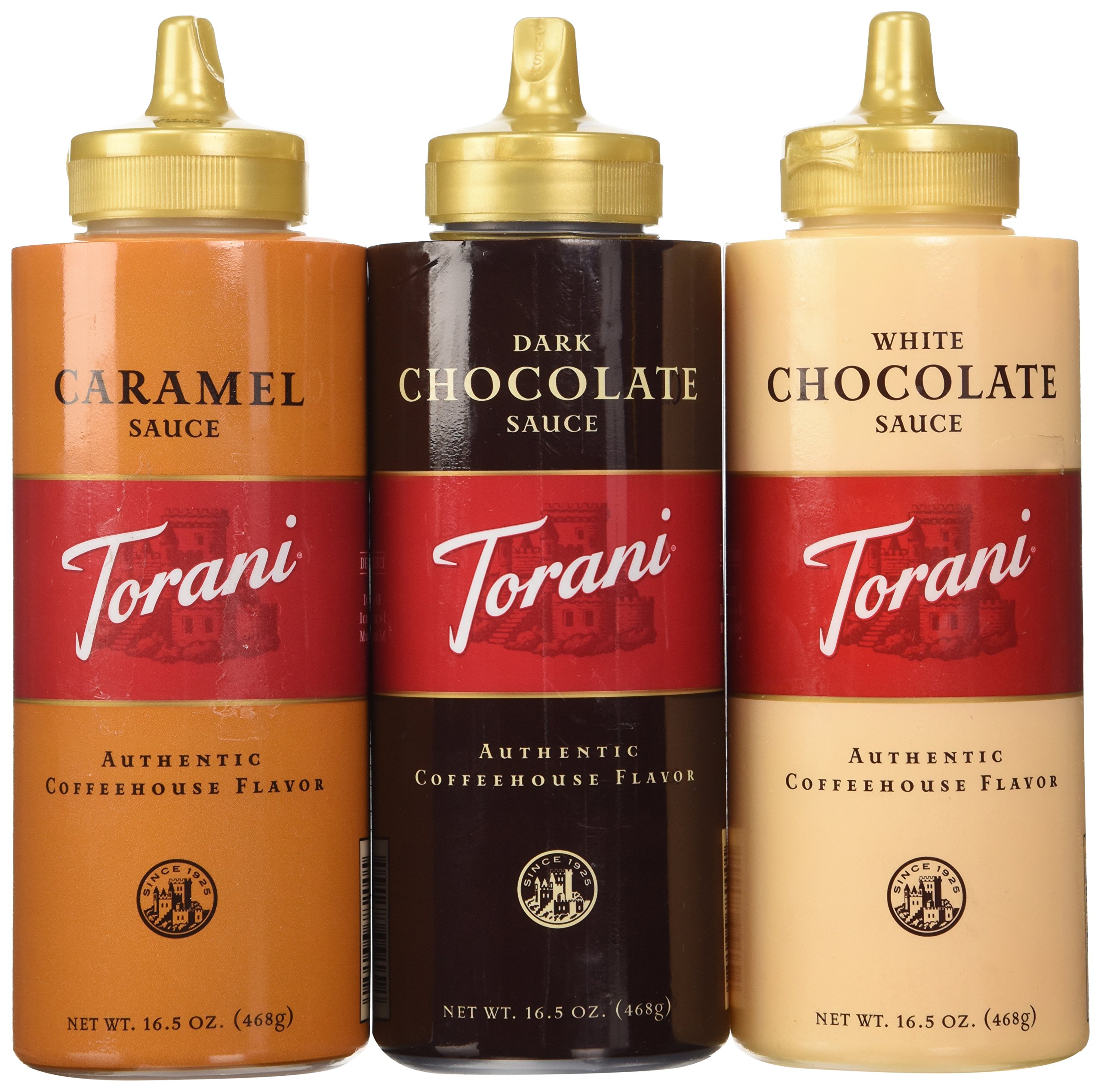 Torani Chocolate, Caramel & White Chocolate Syrup 3-Pack (16.5 Oz Each) - Perfect for Coffee, Desserts & Cocktails - NEW Packaging by Torani