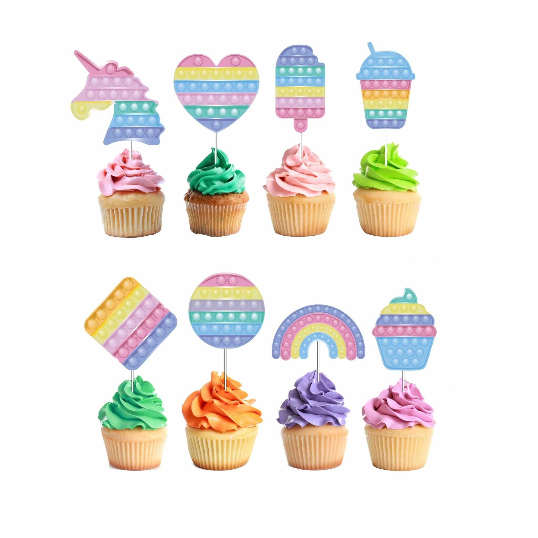 SSL SERVIS 8-Piece Popit Cupcake Toppers - Fidget Toy Birthday Cake Decorations for Parties | Stress Relief Sensory Toys for Kids & Adults | Perfect for Birthday Cakes, Baby Showers, and Classroom Rewards