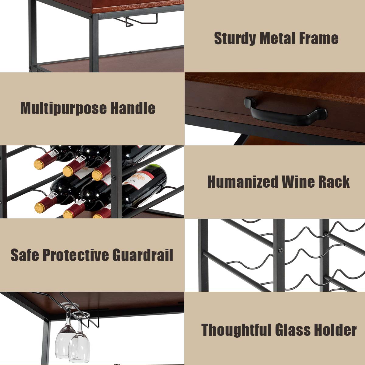 Giantex 3-Tier Rolling Kitchen Island Cart with Wine Rack & Glasses Holder - Industrial Style Serving Cart, Utility Cart with Metal Frame & Casters, Rustic Brown - Perfect for Small Kitchens, Dining Rooms & Home Bars