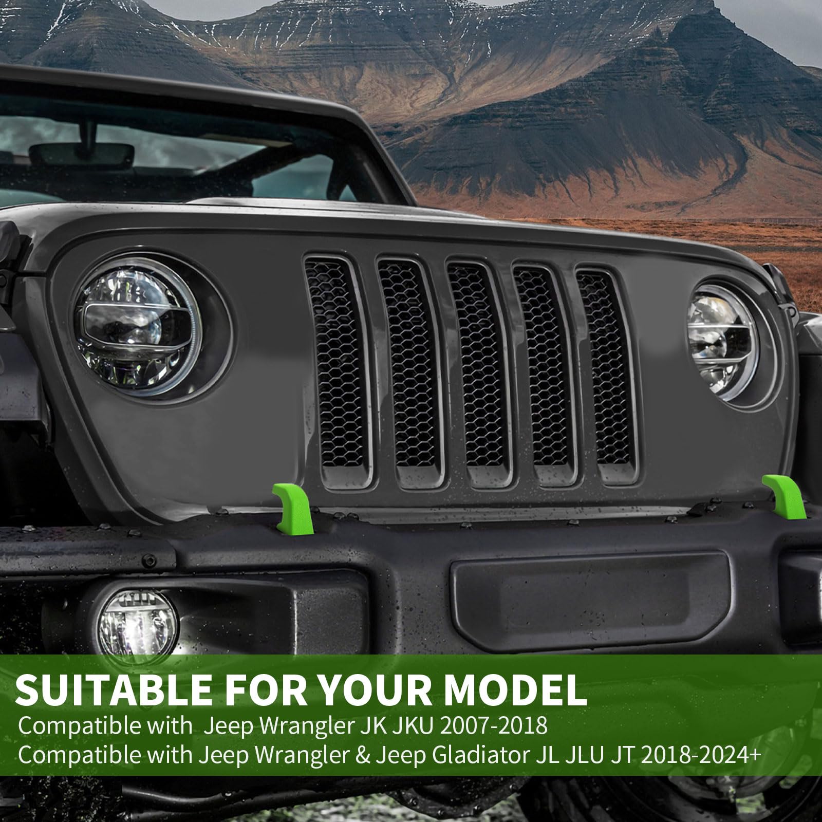 2Pcs Bumper Tow Hook Covers for 2007-2018 Jeep Wrangler JK/JKU & 2018-2025 JL/JLU/Gladiator JT - Durable Exterior Accessories in Green | Off-Road Protection & Style Upgrade