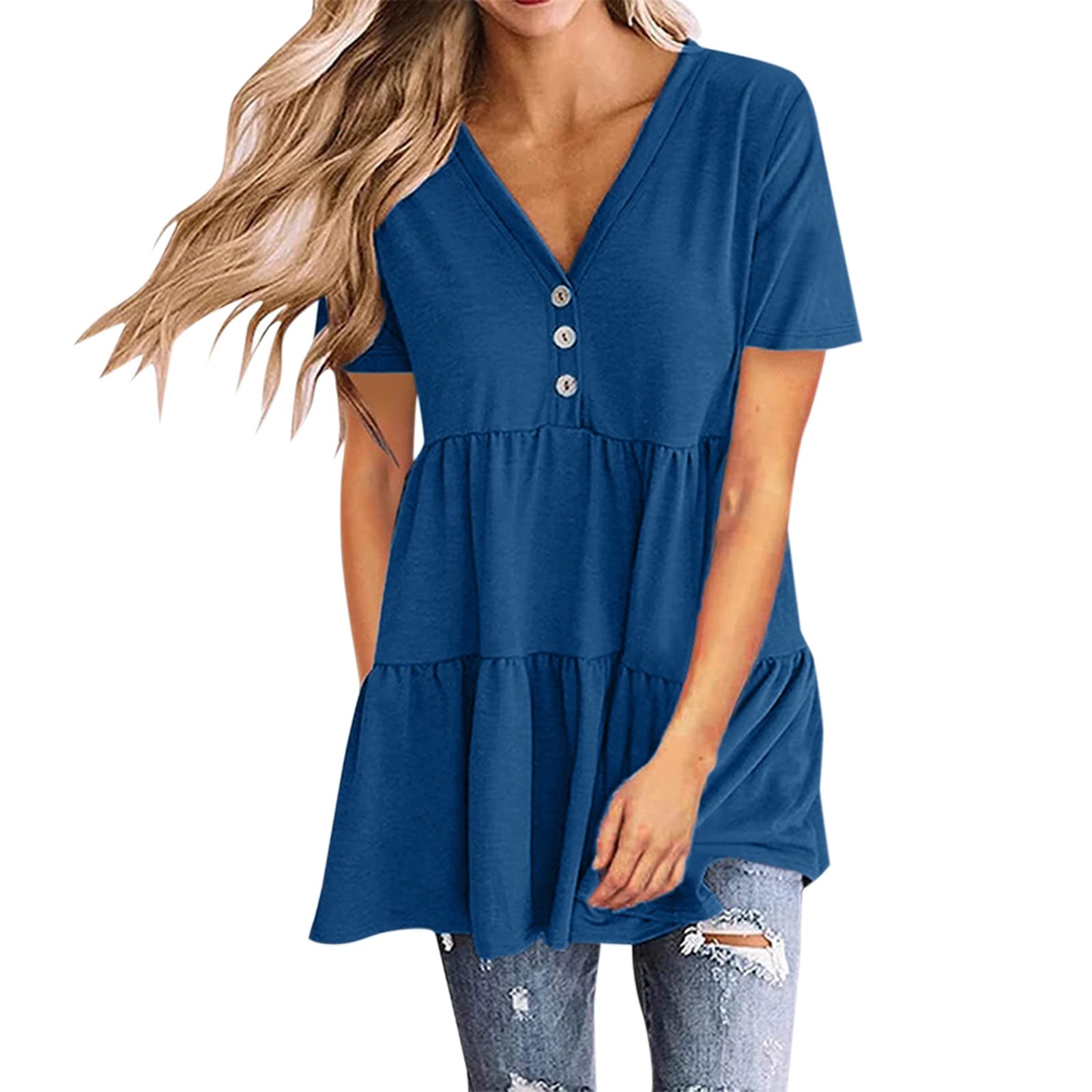 Women's Cute Summer V-Neck Short Sleeve T-Shirt with Button Neck & Ruffle Detail - Loose Fit Casual Top for Beach, Vacation & Everyday Wear