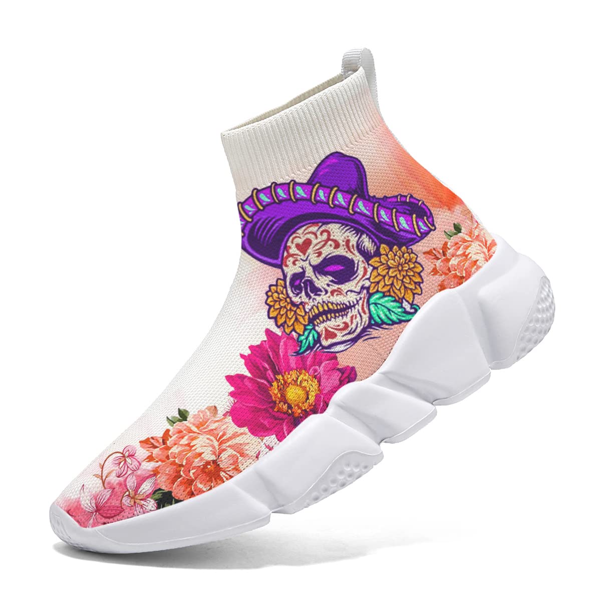 Hetios Women's Skull Print Slip-On Sneakers - Breathable Knit Running Shoes for Walking, Jogging & Casual Wear | Trendy White Athletic Shoes for Women | Perfect for Gym, Workout & Street Style Fashion
