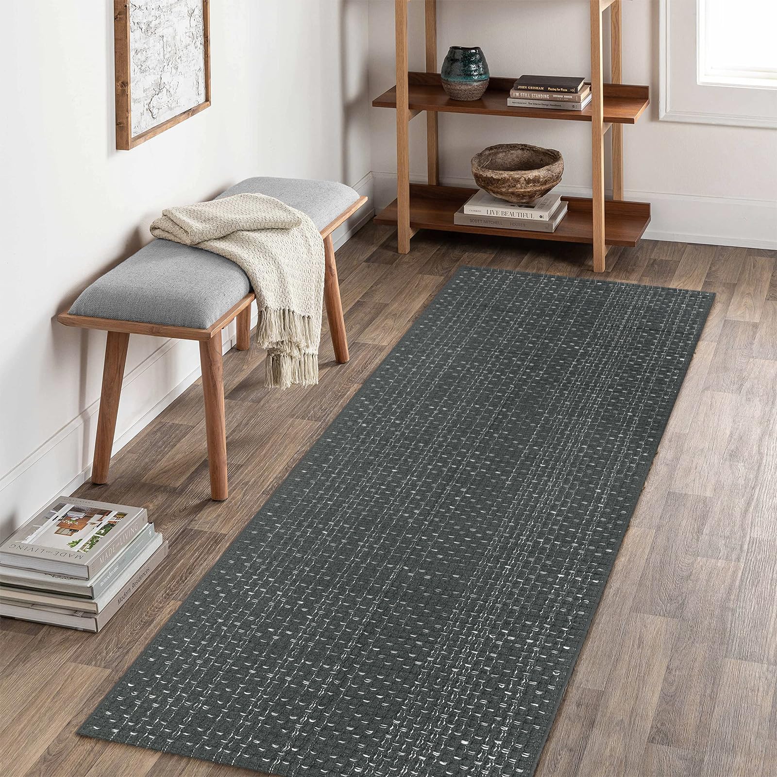 Seavish 2'x6' Cotton Woven Hallway Runner Rug - Grey Farmhouse Entryway Rug for Kitchen, Living Room, Bedroom, Laundry & Patio | Washable & Durable Indoor/Outdoor Rug for Home Decor