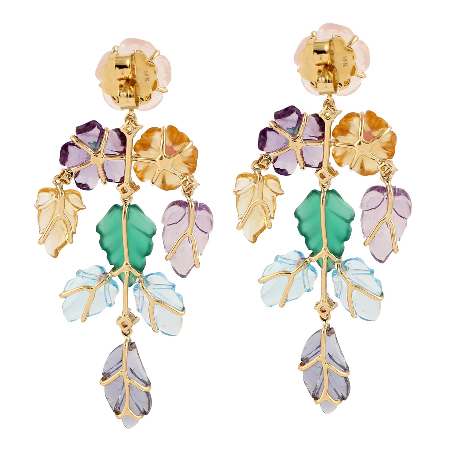 18K Yellow Gold Carved Mixed Gemstone Chandelier Earrings - Handmade Luxury Jewelry Gift for Women - Perfect for Weddings, Parties & Special Occasions