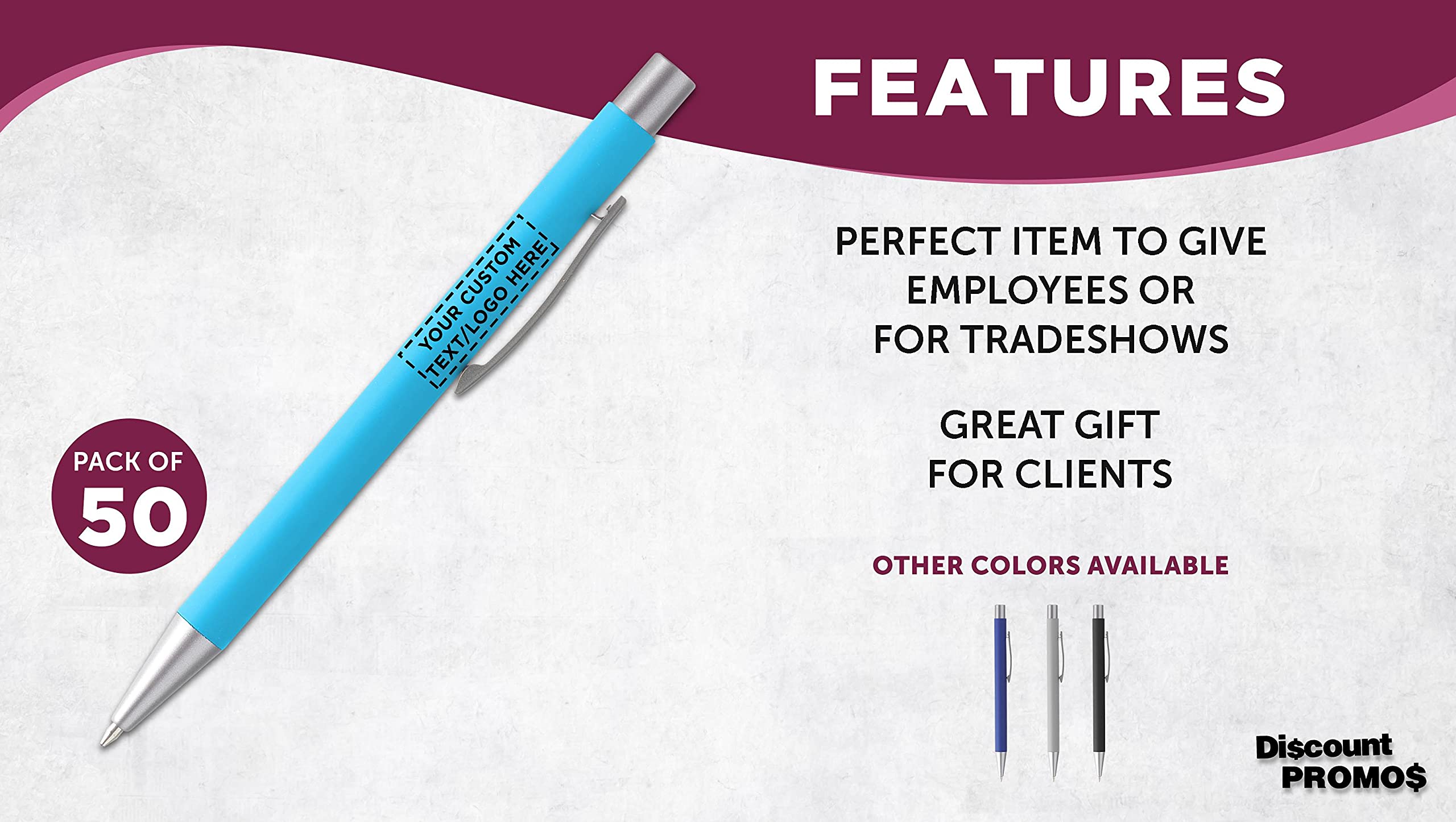 50 Pack Cordova Rubber Coated Metal Pens with Custom Text/Logo - Smooth Writing Push Action Ballpoint Pens with Black Ink (Light Blue) - Perfect for Office, School, Corporate Gifts & Promotional Events