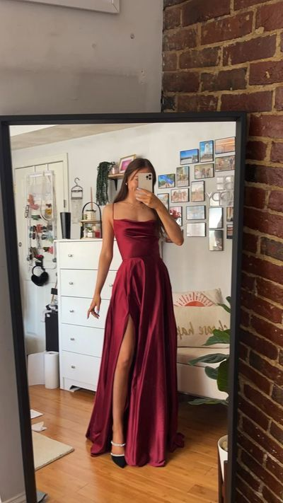 Elegant Burgundy Long Prom Dresses for Women - Satin A-Line Evening Gown with High Slit J3962 | Perfect for Homecoming, Formal Dances & Special Occasions