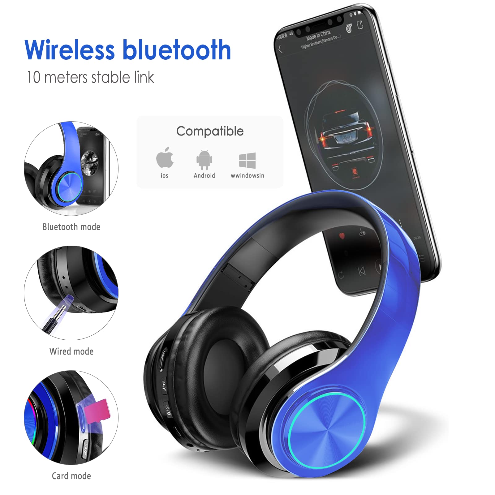 Wireless Bluetooth Headphones with Colorful LED Lights - Over Ear Foldable Design, Built-in Mic, FM Radio & SD Card Slot - Compatible with PC, TV, Smartphones - Perfect for School, Travel & Gaming