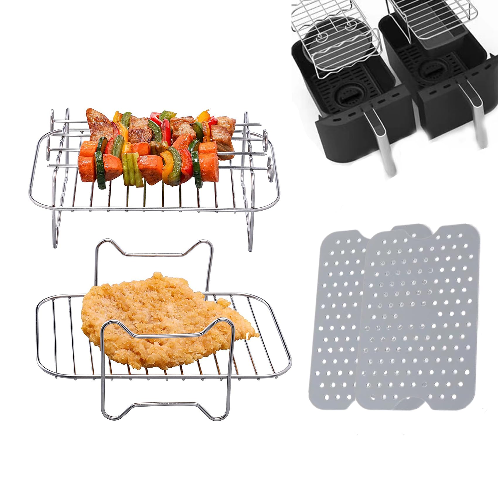 Dual Zone Air Fryer Accessories Set - 2 Racks & 2 Reusable Silicone Liners for Ninja Foodi DZ201/DZ401 - 4-Piece Double Basket Kit for Healthier Cooking | Perfect for Roasting, Baking & Frying Chicken Wings, Fries & Vegetables