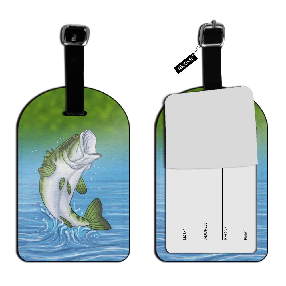 Nicokee Bass Fishing Jumping Out of Water Leather Luggage Tag - Personalized Suitcase ID Tag for Travel Bags - Perfect for Fishing Enthusiasts & Outdoor Adventures