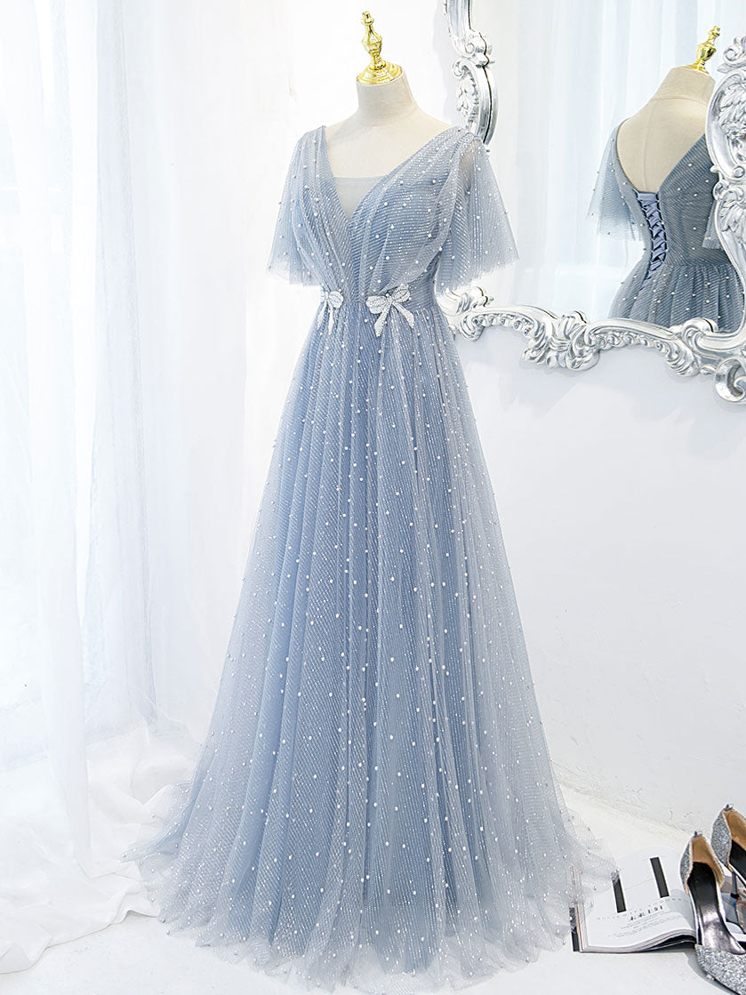 Elegant Blue V-Neck Tulle Beaded Long Prom Dress - Formal Evening Gown for Homecoming, Ball, and Special Occasions
