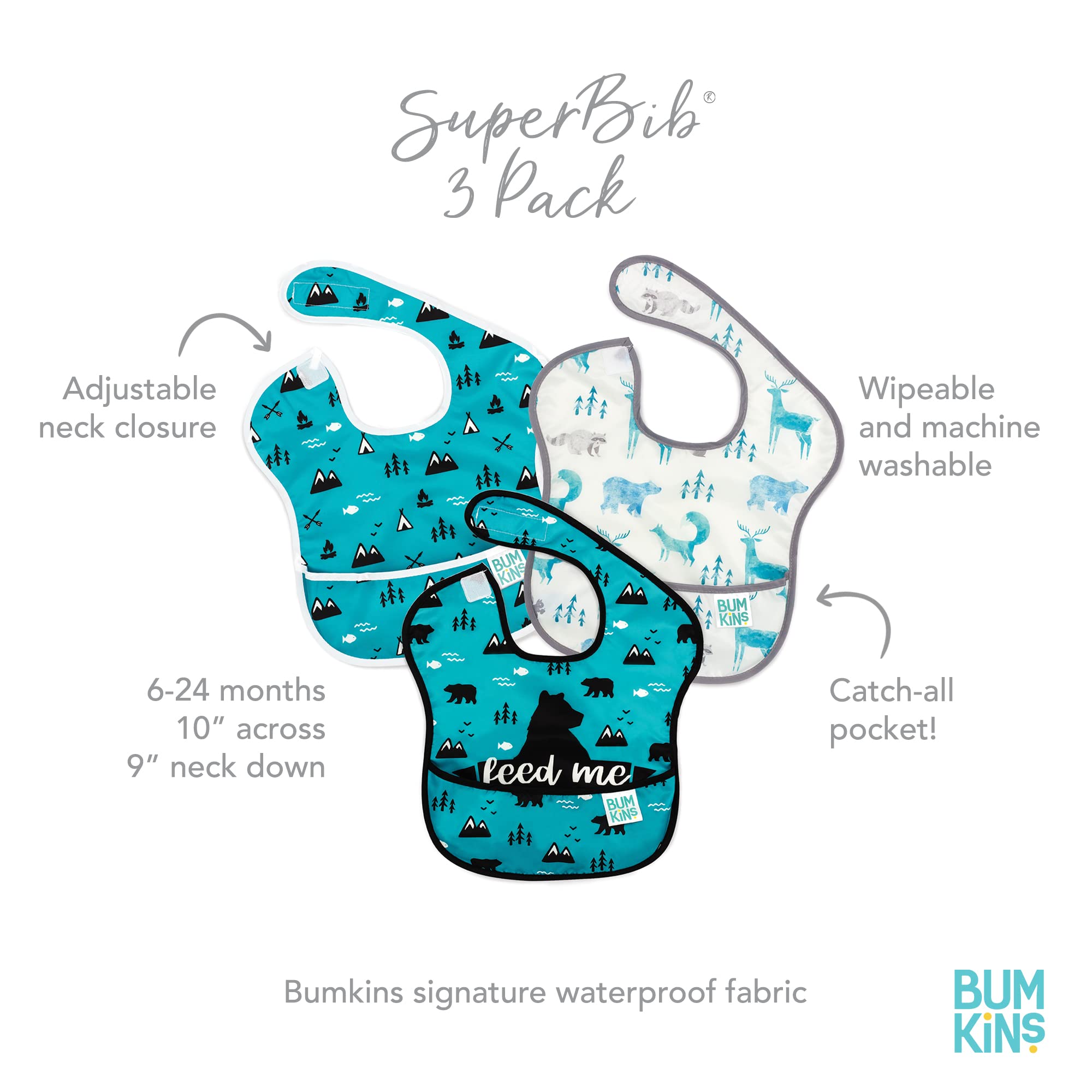 Bumkins SuperBib - Waterproof & Washable Baby Bibs for Infants & Toddlers 6-24 Months | 3-Pack Feeding Set | Perfect for Mealtime, Outdoor Adventures & Wildlife Theme | Durable & Easy to Clean for Messy Eaters