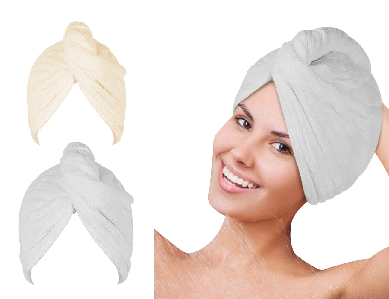 SYMGLIA 2 Pack Microfiber Hair Towel Wrap for Women - Soft Quick Dry Hair Turban Towel Cap for Shower, Bath & Salon - Grey & Beige (Perfect for Post-Wash Styling, Travel & Spa Days)