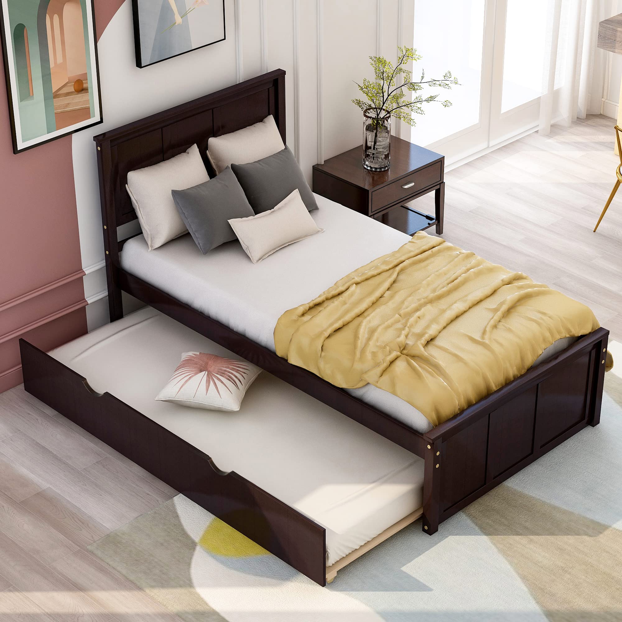 Minimalist Wooden Platform Bed Frame with Trundle - Twin Size, Easy Assembly, Retro Design in Espresso Finish - Perfect for Small Bedrooms, Guest Rooms & Kids' Rooms