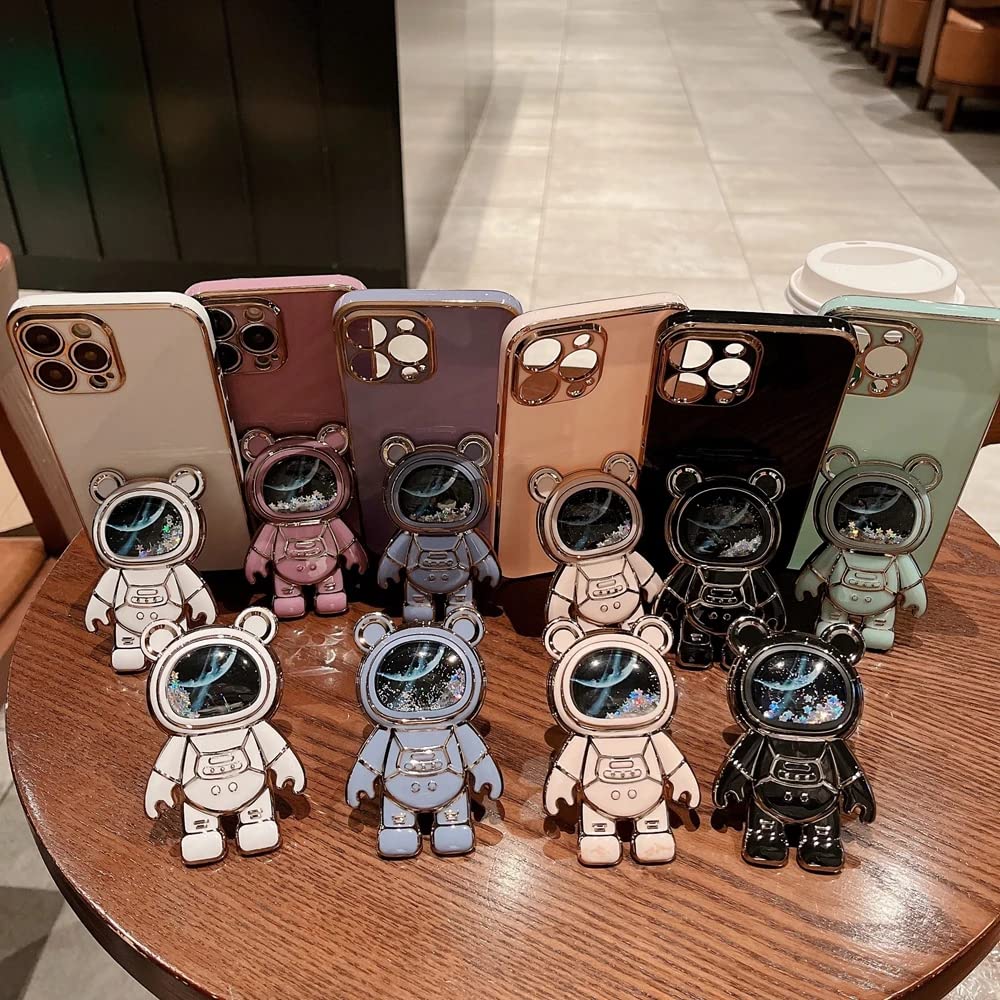 Shockproof Glitter Liquid Quicksand iPhone 12 Case with Kickstand - Cute Astronaut Design, Sparkle Bling Electroplated Cover for Women & Girls | Perfect for Daily Use, Travel, and Gift Giving