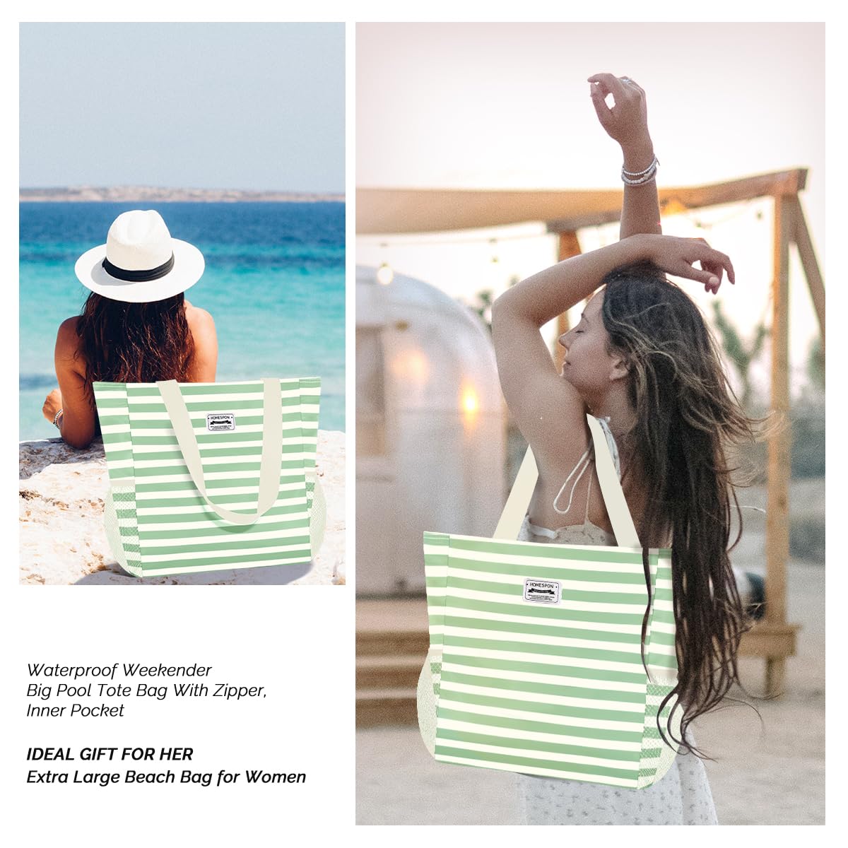 Burninger Large Waterproof Beach Tote Bag for Women - Sandproof Zippered Pool Bag with Pockets - Perfect for Travel, Gym, Vacation & Summer Outings