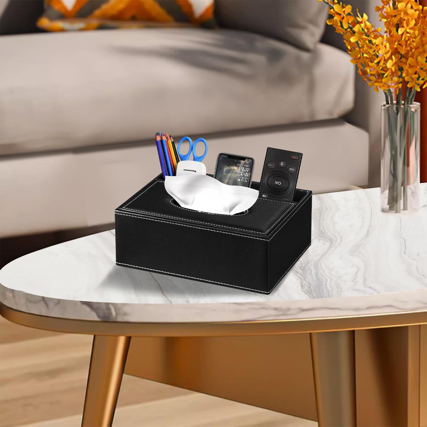 Decorative Rectangular Tissue Box Cover - Compatible with Kleenex Box, Multifunctional Facial Tissue Holder with Remote Control Storage | Nightstand Organizer & Bathroom Tissue Dispenser for Home, Office, and Bedroom Decor