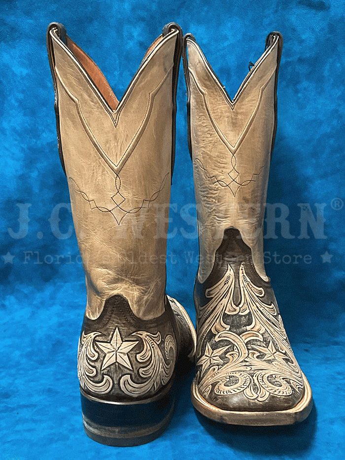 Men's Handtooled Black Jack HT 262-96 Square Toe Cowboy Boots - Vintage Chocolate & Natural Leather - Western Style for Rodeo, Country Dancing & Casual Wear