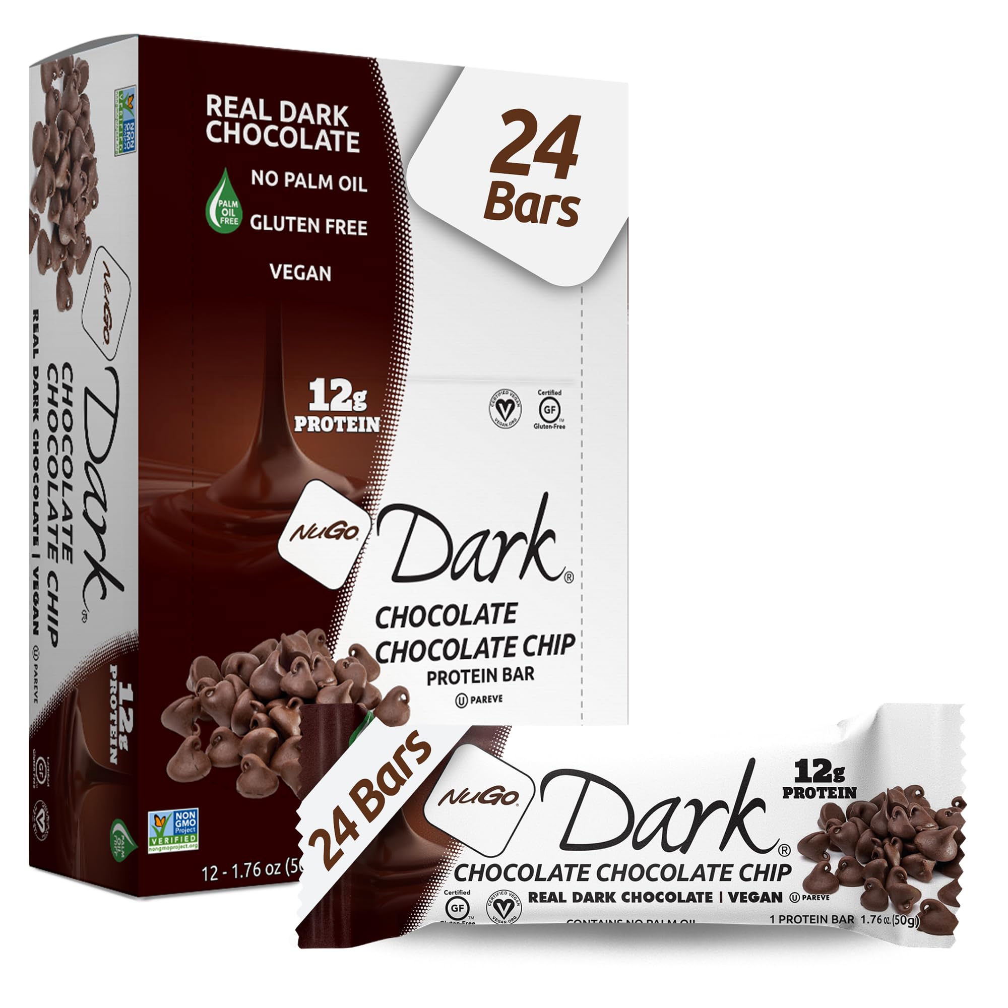 NuGo Dark Chocolate Chocolate Chip Protein Bar - 12g Vegan Protein, 200 Calories, Gluten Free, 24 Count - Perfect for Post-Workout Recovery & Healthy Snacking