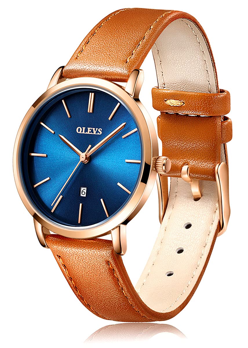 OLEVS Women's Waterproof Analog Quartz Watch - Ultra Thin Leather Strap with Date Calendar, Fashion Yellow Wristwatch for Everyday Wear, Office & Casual Outfits | Perfect Gift for Women