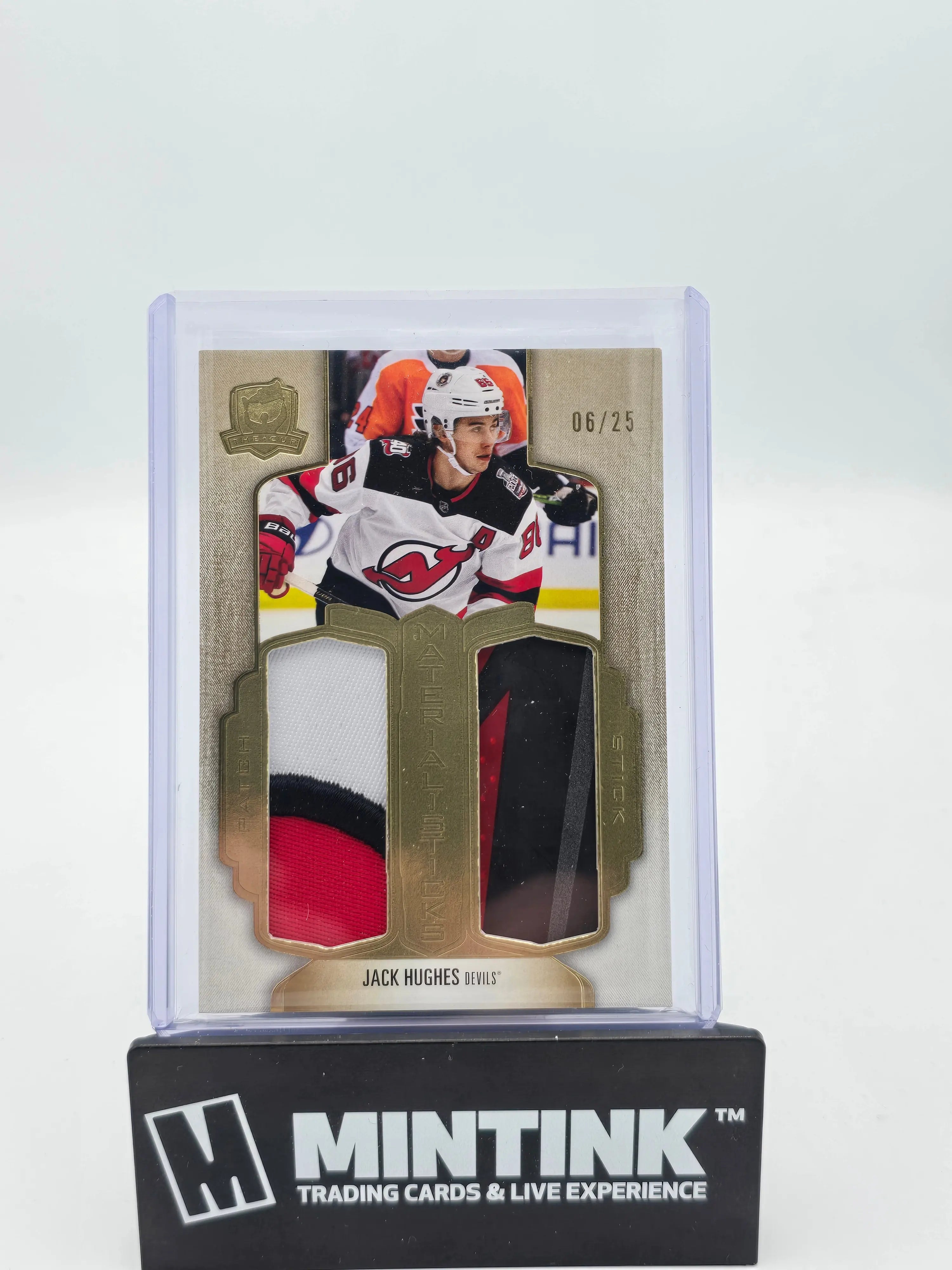 2022-23 Upper Deck The Cup Hockey Jack Hughes Gold Foil Dual Material Sticks /25 - Rare Collectible Hockey Card for Trading & Display