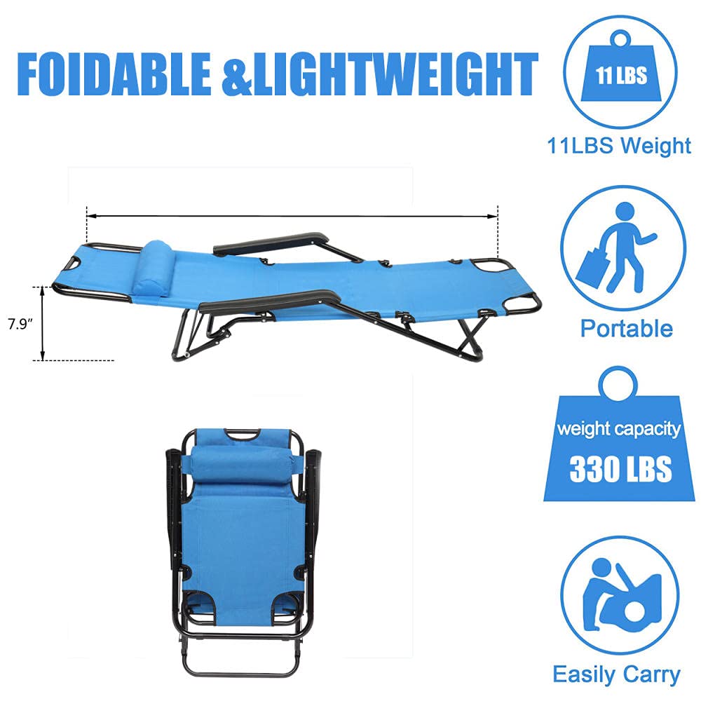 Portable Folding Beach Chair with Pillow - Adjustable Reclining Lounge Chair for Outdoor, Camping, Patio, Pool & Lawn - Lightweight & Comfortable for Sunbathing, Relaxing & Travel (Blue)