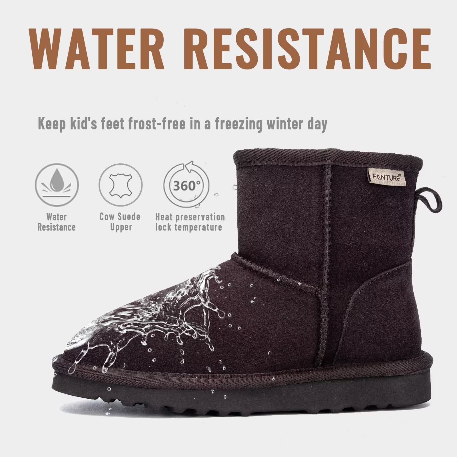 FANTURE Kids Snow Boots for Boys & Girls - Warm Winter Boots with Cow Suede & Faux Fur Lining - Durable Waterproof Shoes for Toddler & Youth (Little Kid/Big Kid) - Perfect for Snow Play, Winter Hiking & Cold Weather Activities