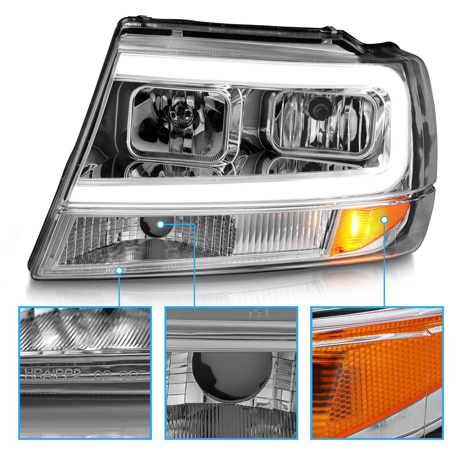 1999-2004 Jeep Grand Cherokee LED Headlights - AmeriLite Crystal Chrome Replacement Light Bar Set (Driver & Passenger Side) | Off-Road & Night Driving Upgrade
