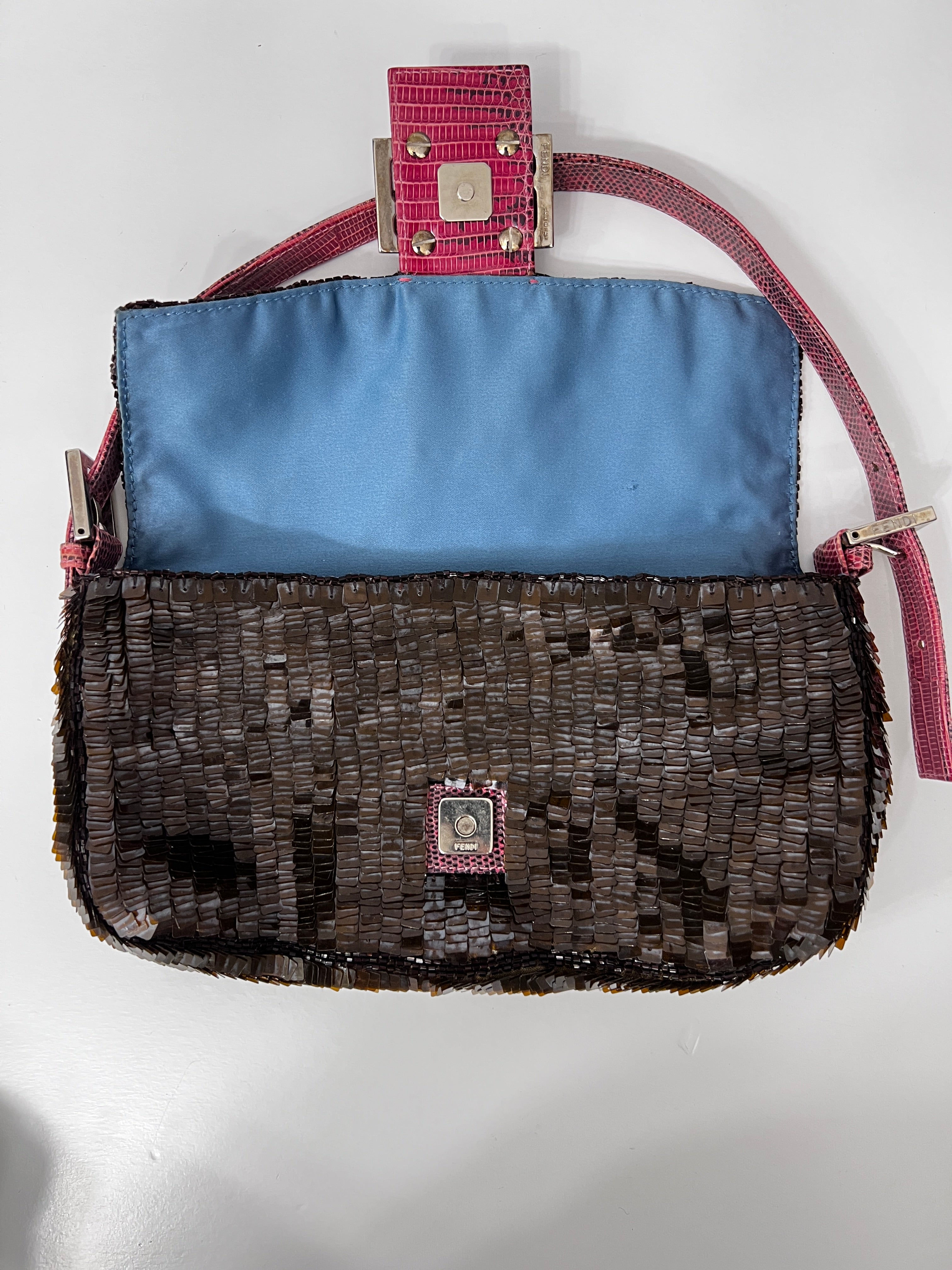 Fendi Brown Sequin Blue Stripe Baguette Bag - Luxury Designer Handbag for Women, Evening Parties & Special Occasions
