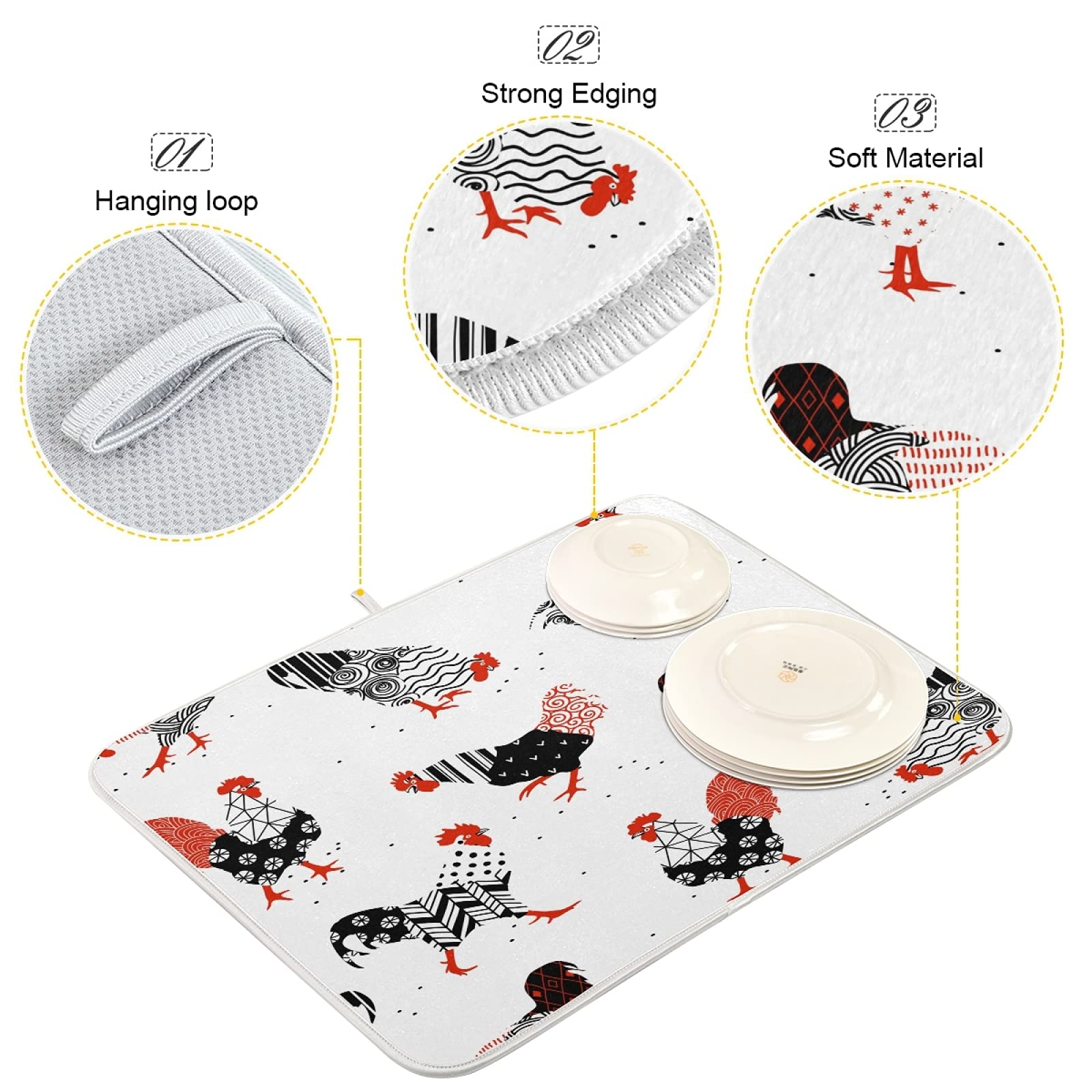 Rooster Plaid Dish Drying Mat 18x24 Inch - Absorbent Microfiber Kitchen Counter Protector for Home Decor